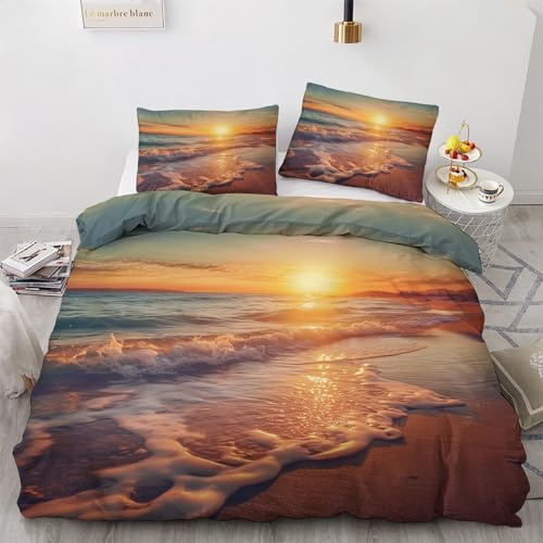 Generisch Sonnenuntergang Bettwäsche 135x200 Sommer - Strandmotiv Bettbezug 135 x 200 2er Set mit Kissenbezug 80x80, Weiche Mikrofaser Sommerbettwäsche mit Reißverschluss für Schlafzimmer Deko N-&170