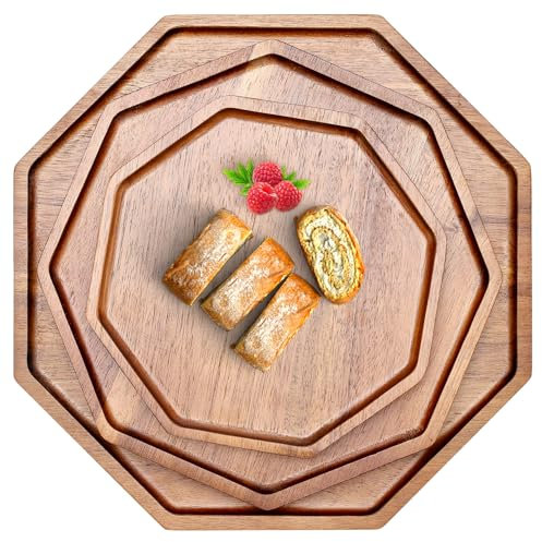 Juego de 3 bandejas de madera de acacia, platos de queso, para fiestas, artículos esenciales, regalos, tabla de embutidos para verduras, frutas, alimentos, bandeja redonda de madera, platos de