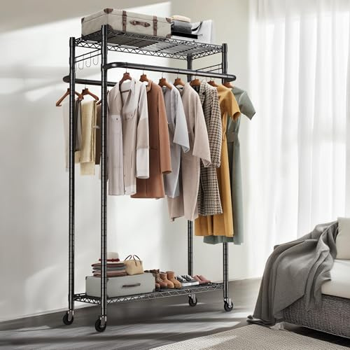 HOKEEPER Doppelter Kleiderständer, strapazierfähig, 181 kg, freistehende Kleiderstange mit verstellbaren Regalen, Seitennetz und Haken, ideal für Schlafzimmer, Garderobe, Schlafsaal zum Aufhängen von