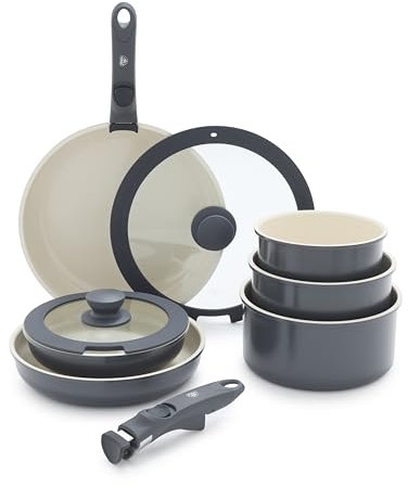GreenLife 10 Piece Nonstick Pots & Pans Set, Detachable Handle & Stackable Cookware Set, Non Toxic PFAS-Free Skillets, Induction Kitchen Pans, Space Saving, Serving Bowls, Oven Safe, Graphite