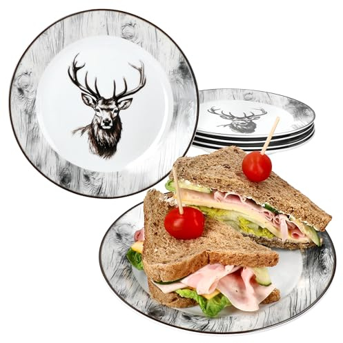 MamboCat Alois Lot de 6 assiettes à gâteau I Assiettes petit-déjeuner en porcelaine avec décor cerf pour 6 personnes I Petites assiettes pour salade, dessert, amuse-bouches, etc.