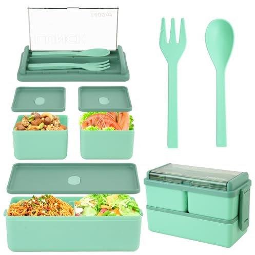 HMIEPRS 1400ml Lunch Box, Porta Pranzo Bambini Adulti con 2 Strati 3 Scomparti Rimovibili e Forchetta Cucchiaio, Microonde Lavastoviglie sicuro Portapranzo per Scuola Picnic Ufficio (Verde)