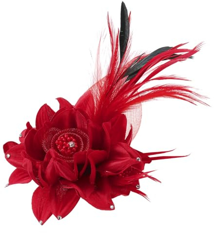 PATIKIL Pinza de Pelo Floral Elegante Rojo Con Plumas Negras 1Pcs | Broche de Flor y Pluma Sombrero Seda Boda Fiesta Baile Banquete Pins Accesorios Encanto Camelia Traje de Dama,