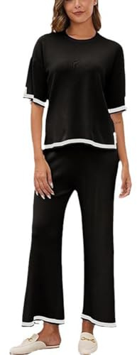 Cicano 2PCS Set Outfits Dam Stickad tröja Kortärmad Pullover Toppar och Byxor Lounge Träningsoveraller kortärmad Svart L