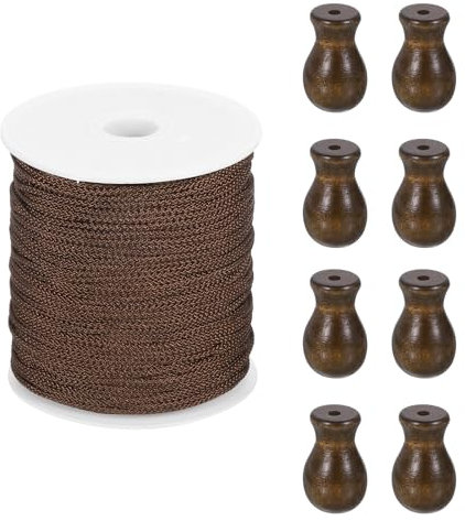 sourcing map Braided Lift Shade Cord, 1.8 mm 110 Yards/Roll Nylon Cord String with 8Pcs Wood Blind Pull Cord Knobs for Roman Blind Shade Rollers Repair Curtain Craft DIY (Brown)