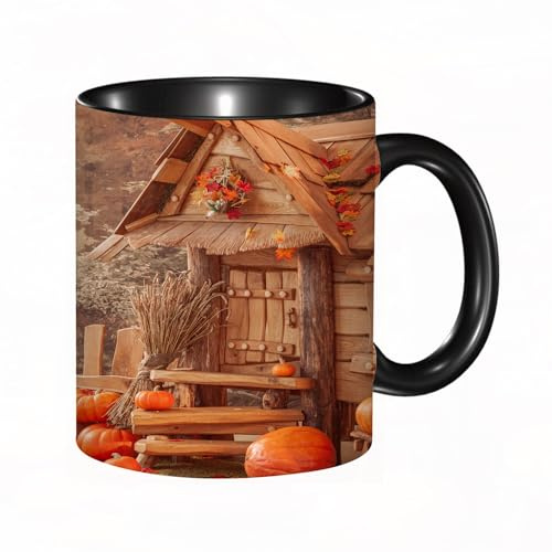 EKLMPS Original Mug en céramique,idéal comme cadeau,impression de haute qualité,mug à motifs,mug à thé,à café,330ml,Décoration intérieure d'une maison en chêne de conte de fées, fond d'automne avec de