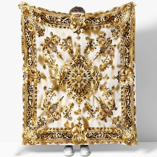 Gold Bedruckt Sherpa Decke Werfen 100 x 130 cm, Nordische Barock Muster Weiche Plüsch Überwurfdecke für Bett Couch Sofa Büro Camping Stuhl Wohnzimmer - Fuzzy Fleece Decke Für Kinder Mädchen