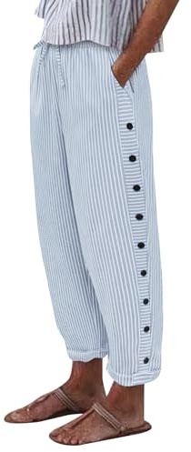 Voqeen Pantalon Été Femme Pantalones Fluide À Taille Élastique avec Boutons Latéraux Pantalon 7/8 Plage Coton Rayé avec Poches Et Cordon De Serrage Léger pour Les Vacances