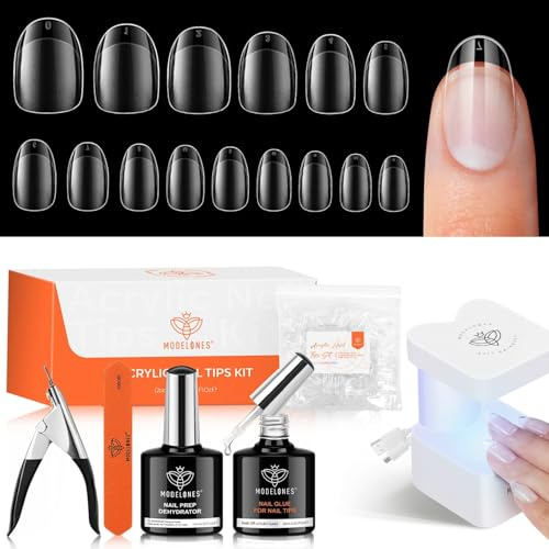 modelones Nail Tips and Glue Gel Kit, 510 Pcs Full Cover Nail Tips Set, Nail Glue & Primer für Gelnägel & Uv Lampe Klein, 15 Größen XS Ovale Nageltips Set für Nagelverlängerung DIY Salon Geschenke