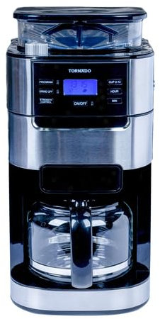 Tornado SFD Europe TCM-1025A-GS Cafetière à Filtre Manuelle avec Broyeur Conique, 1,5 L, 12 Tasses, 900-1050 W, Acier Inoxydable, Noir