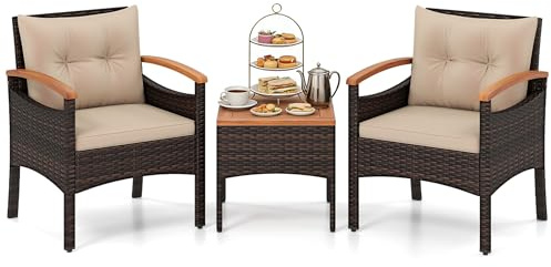 GIANTEX Juego de Muebles de Jardín de Ratán para 2 Personas, Conjunto de Muebles 3 Piezas con Cojines, 2 Sillones y 1 Mesa de Café, Conjunto de Conversación para Patio, Balcón (3 Piezas, Marrón)