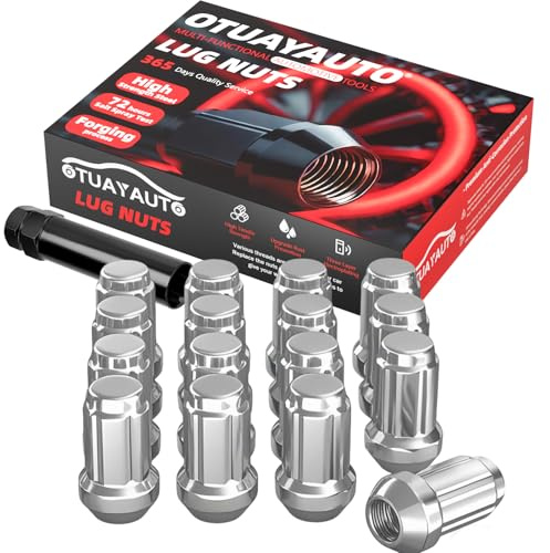 OTUAYAUTO M12x1.5 Lug Nuts - 16PCS Chrome 12mmx1.5 Spline Lug Nut with Socket Key, 12x1.5 Wheel Lug Nuts, Cone Seat, 17mm Hex, Replacement for Chevy Ford Honda Hyundai Mitsubishi Aftermarket Wheels