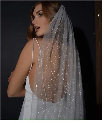 WDSBZNB Schleier Braut Funkelnde Brautschleier Lange goldene Braut Hochzeitsschleier Farbiges Garn mit Pailletten(White,75cm)