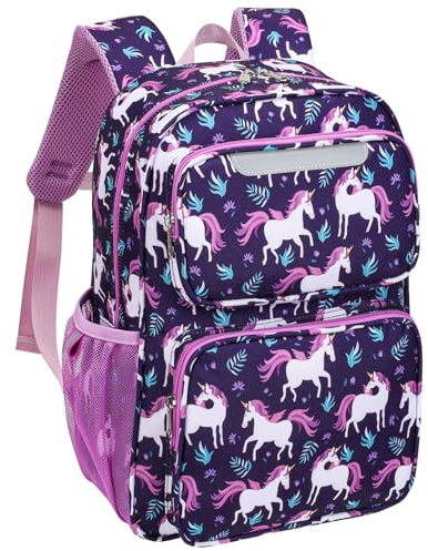 Bagseri Kinderrucksack Mädchen 15L, Leichter Schulrucksack für Vorschule & 1.-2. Klasse, Rucksack mit Brustgurt & Isolierfach, Passend für DIN A4 Schnellhefter, Reflektierend, Deep Purple Einhorn