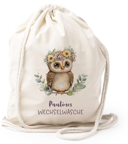 AMBERGER DESIGN by A&M Osterhage amd Turnbeutel Eule Blumenkranz Wechselwäsche personalisiert-Name Kita-Rucksack Geschenk-Kindergarten personalisierter Sport-Beutel