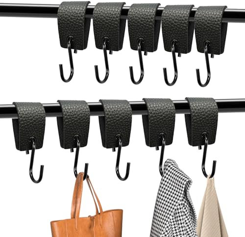 ARTGUTS 10 Stück S Haken Schwarz mit Lederschlaufe, Kleiderstange Fensterhaken, Garderobenhaken für Küche, Schrank, Bad, Schlafzimmer