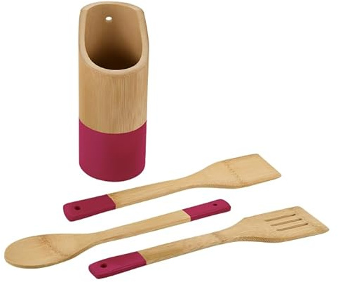 Kesper 81163 | Lot de 4 ustensiles de cuisine ronds en bois de bambou, baies naturelles, 21,5 x 9 x 9 cm