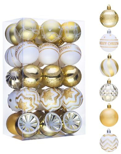 Weihnachtskugeln Christbaumkugeln Christbaumschmuck, 6CM 30 STK Weiß Gold Kunststoff Bruchsicher Aufhängen Weihnahctsdeko Weihnachtsbaumschmuck Christmas Tree Decorations