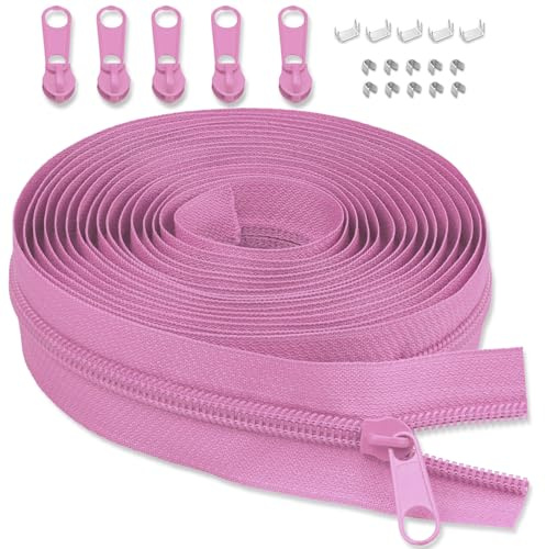 LHZHLE 5mm Endlosreißverschluss Mit Zipper: 3.65m Rosa Nylon Reissverschluss - Meterware mit 5 Reißverschlusszügen für Nähen Bettwäsche und Kopfkissen