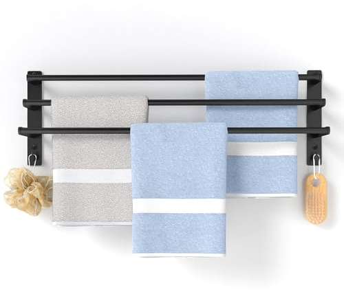 STWWO 80CM Porte-Serviettes sans perçage,3 étages Porte Serviette Bain étagère Serviette avec Crochets Support Serviette Mural Auto-adhésif Range Serviettes pour Salle de Bain ou Cuisine, Noir