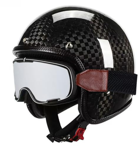 Casques Jet De Moto Casques Fibre De Carbone Vintage ECEDOT Homologué Face Ouverte À L'allemande Demi Casque Moto avec Lunettes Casque Mobylette Moto Bols pour Femme Homme 7,XL:61-62CM