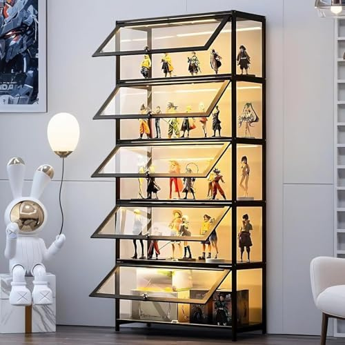 5-stöckige Vitrine Stehend, Curio-SchräNke, Bücherschrank mit Türen, Transparente Acryltüren,Sammlervitrine für Wohnzimmer, Büro, Bücher, Spielzimmer, Schwarz (80 x 32 x 165cm) (Schwarze Klapptür)