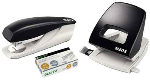 Leitz NeXXt Bürotacker aus Metall, Für 30 Blatt, Ergonomisches Design mit Nachfüllanzeige, Inkl. Heftklammern, Schwarz, 55000095 (Set mit Locher und Klammern, 30 Blatt)