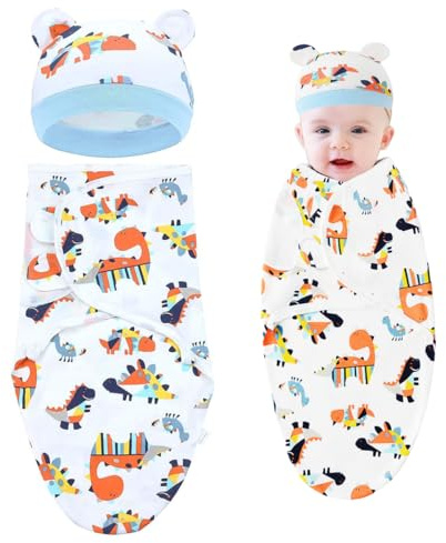 Pucksack baby mit Dinosaurier-Motiv, Wickeldecke und Mütze, geeignet für Säuglinge im Alter von 0-3 monate. Weich, bequem und atmungsaktiv (weiß).
