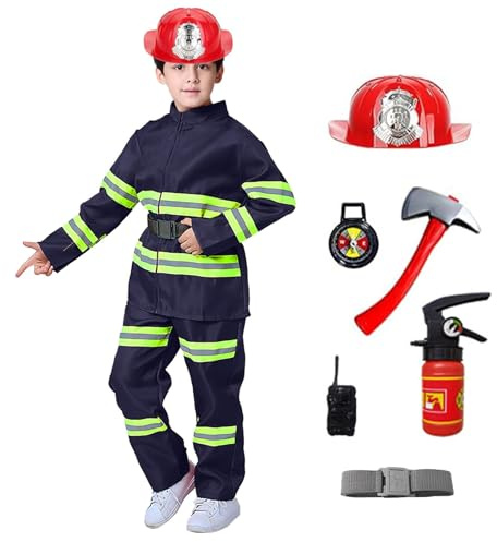 Genérico Halloween Ensemble de costume de pompier pour enfants Vêtements de pompier pour enfants Jeu de rôle avec Extincteur Jouet Veste Casque Cosplay pour garçons filles Carnaval, 01 - Bleu, 4-5