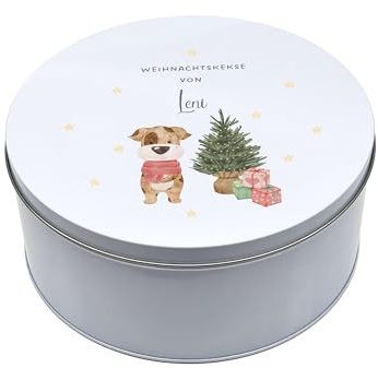 Mainely Personalisierbare Keksdose Weihnachten Hund – Vorratsdose für Plätzchen & Gebäck – Weihnachtsdose & Geschenkidee für die Adventszeit – mit Namen personalisiert