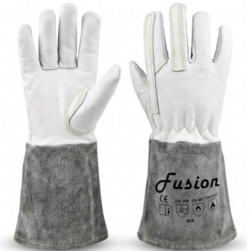 Guantes de Soldadura MIG TIG Fusion – Cuero Grueso Resistente al Calor, Guantes de Protección Profesional para Soldar, Corte, Forja y Metalurgia (M/08)