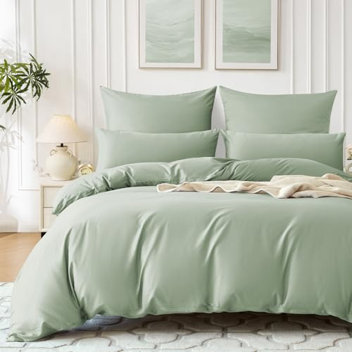 SOULFUL Housse de Couette 220x240 Satin de Coton - Vert Sauge | Parure de Lit avec 2 Taies d'oreiller 65x65 cm - Soyeux-Respirant - 100% Coton à Longues Fibres - Fermeture Éclair