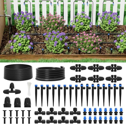 HEKIWAY 2026 Upgrade 256FT Quick-Connect Drip Irrigation System Kit with 1/4” & 1/2” Fast-Lock Tubing, Adjustable Emitters & Sprinklers for Garden & Greenhouse