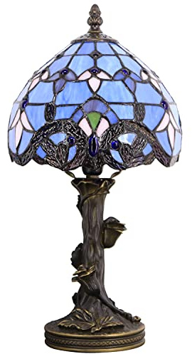 SYETL Small Tiffany Lamp Stained Glass Table Lamp Blue Baroque Style Bedside Desk Light Mini Accent Desk Memory Lamp 8X15 Inch