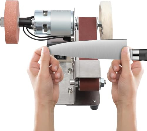OUKANING Mini Bandschleifer & Tischschleifmaschine 150W, Mini Band Sander mit 7 Geschwindigkeiten (bis 9000 RPM), 20x Schleifbänder 30x330mm, Messer Bandschleifer für Holz/Metallbearbeitung, inkl. Pol