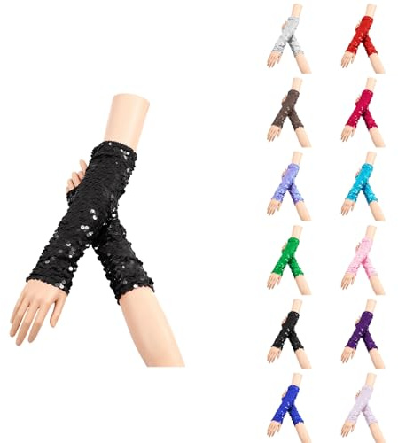 Pailletten Handschuhe Damen für Karneval, Halloween & Partys: Lange glitzernde fingerlose Tanzhandschuhe mit Pailletten-Manschetten. Weich, elastisch und glänzend für Bühnenauftritte, Maskeraden,
