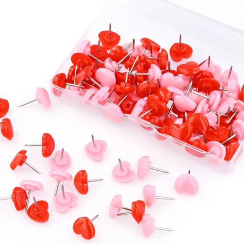 Chiodi Cartografici a Cuore 100 Pezzi Rosa e Rossi con Scatola Trasparente Puntine da Disegno Decorative in Metallo e Plastica per Lavagna Sughero Ufficio Casa Cartelloni Fotografie