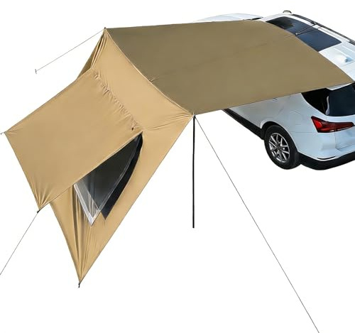 Vorzelt, Wohnmobil, 2,9 x 4,8 m, Van-Markise, Campingzelt, Wohnwagen, Türüberdachung, wasserdicht und Sonnenschutz, Heckklappe, Sonnenschutz, Outdoor-Campingplane mit Stange, Khaki
