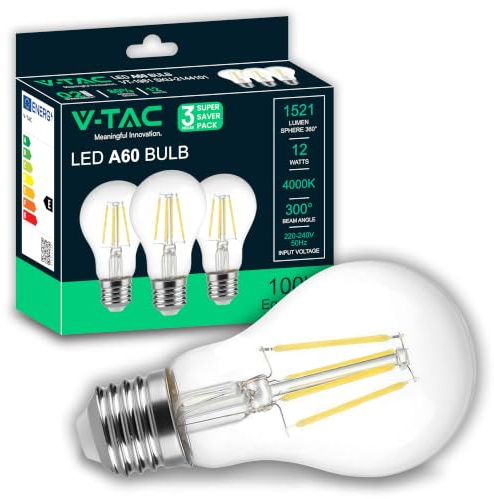 V-TAC 3x LED Glühbirne E27 Filament 12W (Entspricht 100W) A60 - Maximale Effizienz - 1521 Lumen – Filament Deko – LED Glühlampen - Energiesparlampe - 3er Pack - Neutralweiß 4000K