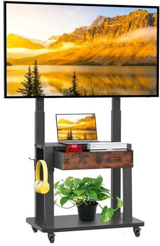 Rullande TV-stativ med tyglåda för 32-75 tum platt/böjd skärm justerbar höjd LCD/LED/OLED med förvaring mobil TV-vagn på hjul upp till 100 kg för hemmakontor utomhus max VESA 600 x 400 mm