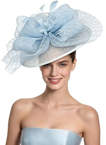 Sinamay Fascinator Hat with Feather Flower - Perfect for Wedding, Cocktail Events &Tea Party Derby Hat for Women (B11-Sinamay Light Blue)