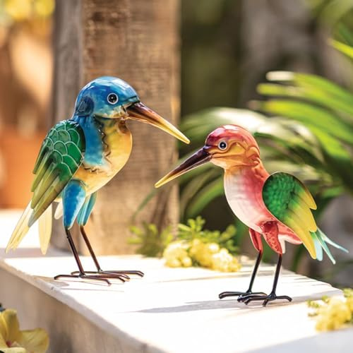 Dekoleidenschaft 2X Dekofigur Vogel aus Metall, bunt, Gartendeko für Draußen, Outdoor Deko Figur für Balkon, Terrasse & Garten
