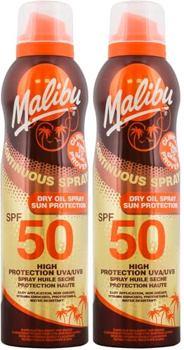 Malibu Sun SPF 50 Continuous Dry Oil Spray for Tanning, Vitamin Enriched Moisturising Body Oil Mist, Water Resistant, 175ml (Pack of 2)