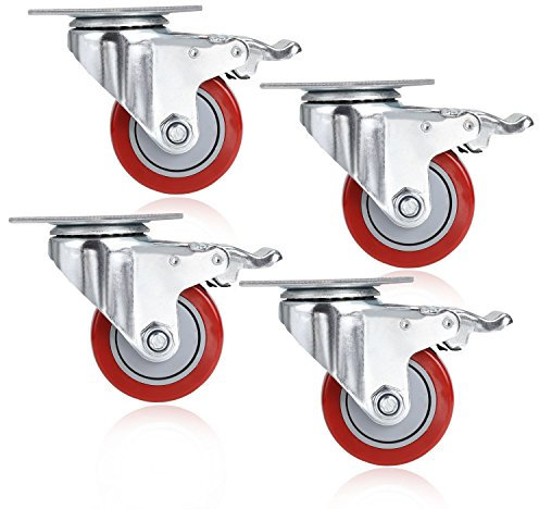 4 Stück 3 Transportrollen Lenkrollen Strandkorbrollen Schwenkrollen Schwerlastrollen Möbelrollen Warenkorbrollen Fußrolle Rollen Räder mit Bremse Tragkraft 544 kg, Rot