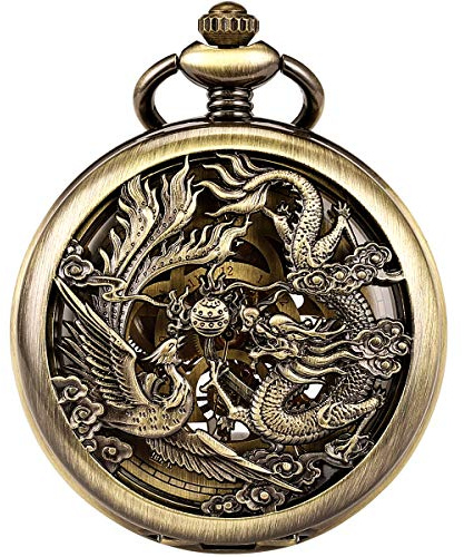 ManChDa Pocket Watch Lucky Dragon & Phoenix Vintage Mechanical Steampunk Skeleton Roman Numerals Black Fob Watch with Chain for Men Women