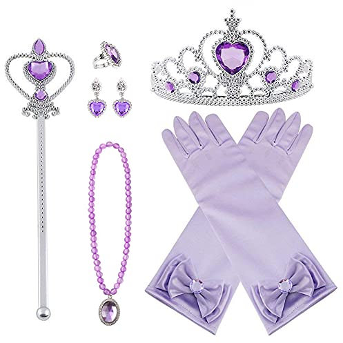 Vicloon Prinzessin Kostüme Zubehör Set of 7, Mädchen Dress up Zubehör mit ELSA Handschuhe, Pfirsichherz Krone, Zauberstab, Ring, Halskette, Ohrring für Geburtstage, Cosplay und Festivals - Lila