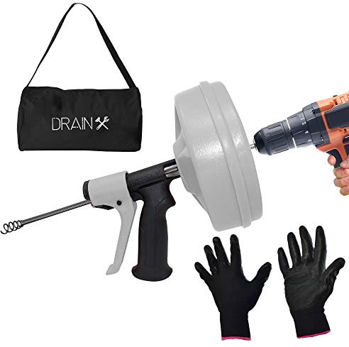 DrainX Spinfeed 50 Fuß Trommelschnecke, manuelle Verwendung oder Bohrmaschinen-Antrieb, automatische Verlängerung und Einziehung der Sanitärschlange, Arbeitshandschuhe und Aufbewahrungstasche im
