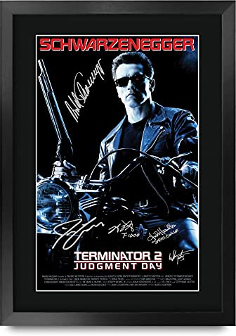 HWC Trading FR - Póster impreso A3 de Terminator 2 Judgment Day Schwarzenegger, con autógrafo firmado para fanáticos de la película, enmarcado A3