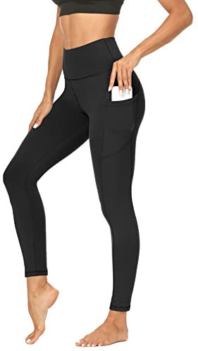 DDOBB Sport Leggings Damen High Waist Mit Taschen Bauchweg Sportleggins Gym Sporthose Leggins Blickdichte Lang Po Push Up Laufhose Yoga Hosen(Normal-Schwarz,XXL)