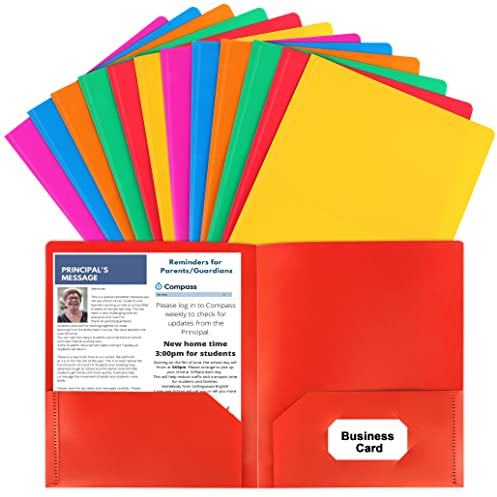HABGP Plastic Folders with Pockets, 12 Color Heavy Duty Two Pocket Folder Business Card Holder for Office High School